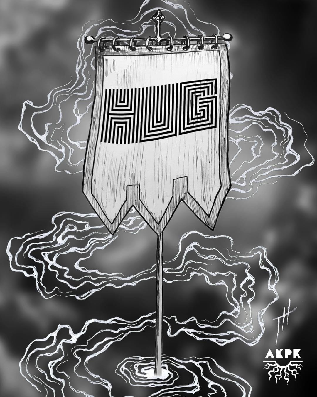 A dark, black and white drawing of The Standard banner rising amidst swirling smoke. The banner features a geometric, maze-like HUG logo. In the bottom right corner are the artist's initials TH and the Alternative Capital of Culture AKPK logo.